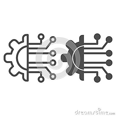 Gear connection line and solid icon. Gear with chip circuit, hardware or software symbol, outline style pictogram on Vector Illustration