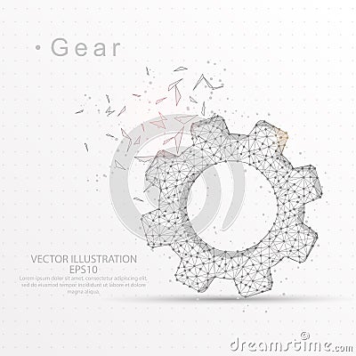 Gear digitally drawn low poly wire frame on white background. Vector Illustration