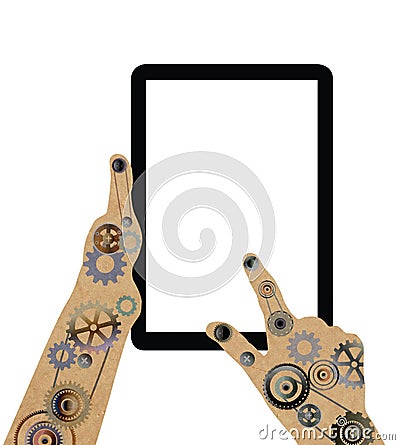 Gear hand holding blank tablet. Stock Photo