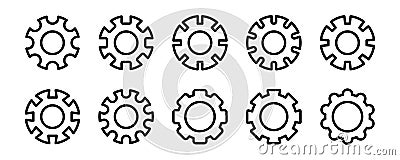 Gear icon set. Cogwheel icon in outline. Settings symbol in line. Gearwheel illustration. Cogwheel mechanism collection. Stock Vector Illustration
