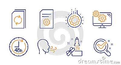 Gear, Innovation and Update document icons set. Breathing exercise, File settings and Settings signs. Vector Vector Illustration