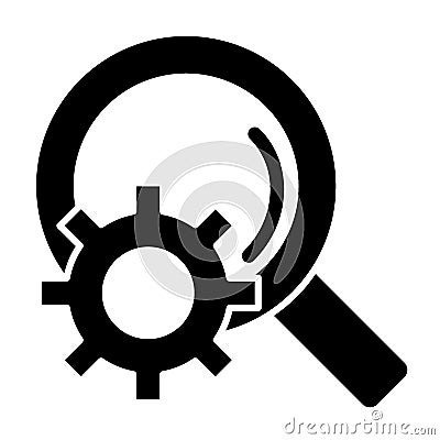 Gear with magnifying glass solid icon. Extended search vector illustration isolated on white. Cog wheel and search glyph Vector Illustration