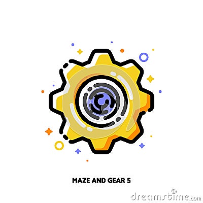 Gear and maze icon for concept of successful process for effective business problem solving. Flat filled outline style Vector Illustration