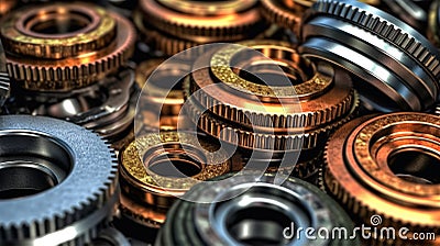 Gear metal wheels, part of machine, production, close-up, Generated AI Stock Photo