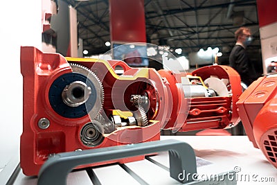 Gear motor in section. Metal gears and shaft Stock Photo