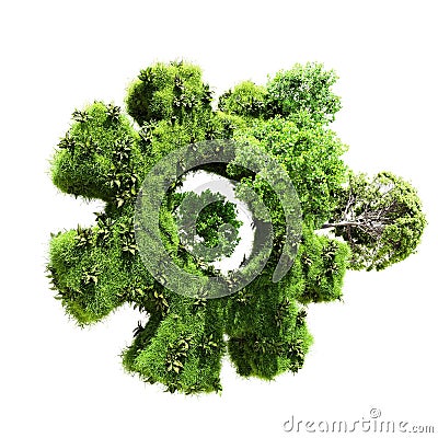 Gear overgrown with grass, plants and trees. Detail of Ecosystem mechanism, green production concept, design element for eco theme Stock Photo