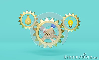 Gear with people their hands together, yellow light bulb, money bags dollars isolated on blue background. loan approval, business Cartoon Illustration