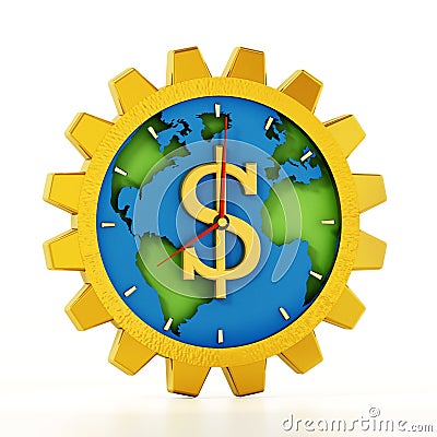 Gear shaped clock with dollar sign. Earth map at the center. 3D illustration Cartoon Illustration