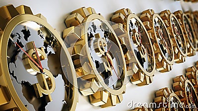 Gear shaped clocks with dollar sign. Earth map at the center. 3D illustration Cartoon Illustration