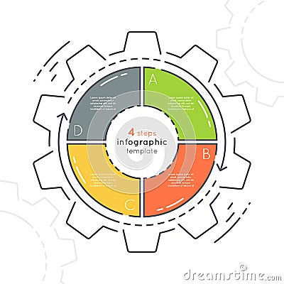 Gear shaped flat style infographic template with 4 steps. Vector Illustration