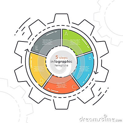 Gear shaped flat style infographic template with 5 steps. Vector Illustration