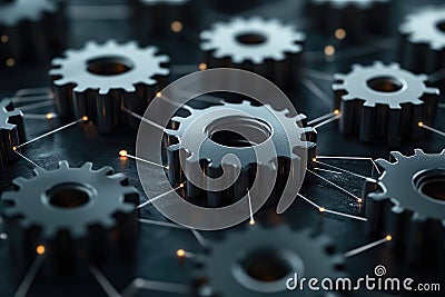Gear Visualization: Mechanical gear system interconnected lines and dots, data visualization for big data graphics Stock Photo