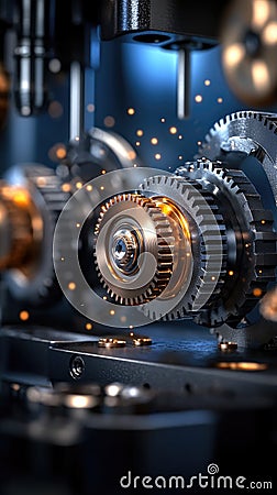 Gear Visualization: Mechanical gear system interconnected lines and dots, data visualization for big data graphics Stock Photo