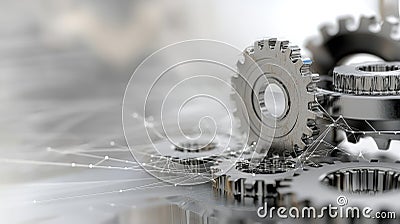 Gear Visualization: Mechanical gear system interconnected lines and dots, data visualization for big data graphics Stock Photo