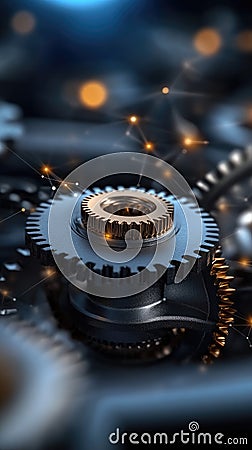 Gear Visualization: Mechanical gear system interconnected lines and dots, data visualization for big data graphics Stock Photo