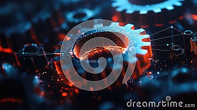 Gear Visualization: Mechanical gear system interconnected lines and dots, data visualization for big data graphics Stock Photo