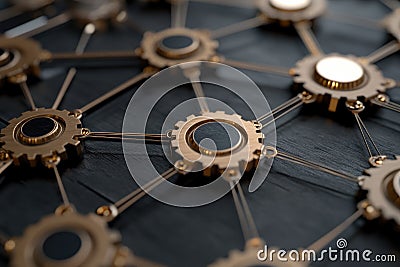 Gear Visualization: Mechanical gear system interconnected lines and dots, data visualization for big data graphics Stock Photo