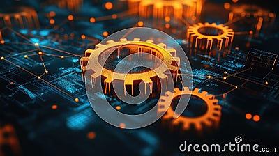 Gear Visualization: Mechanical gear system interconnected lines and dots, data visualization for big data graphics Stock Photo