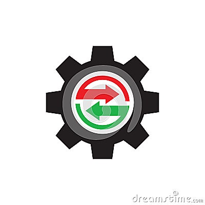 Gear wheel with arrows - concept icon vector design. SEO creative logo sign. Exchange interaction symbol. Vector Illustration