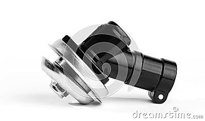 Gearbox for a motor mower. A trimmer reducer on a glass. Trimmer Gearbox Gearhead Brush Cutter Grass, Trimmer Replace Stock Photo