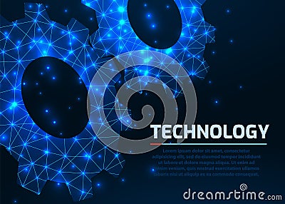 Gears. Abstract vector wireframe gear 3d modern illustration on dark background. Mechanical technology machine Vector Illustration