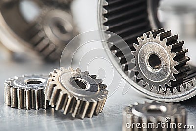 Gears, bearings and mechanism parts.Elements of mechanical blocksand construction Stock Photo