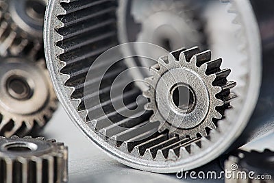 Gears, bearings and mechanism parts.Elements of mechanical blocksand construction Stock Photo