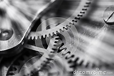 Gears black-and-white. Industrial background. The concept of technology, time, teamwork, infinity, business projects Stock Photo