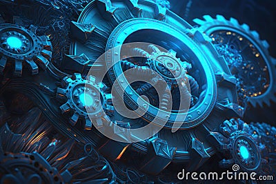 Gears, blue neon lines. AI generative Cartoon Illustration