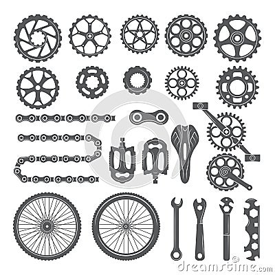 Gears, chains, wheels and other different parts of bicycle Vector Illustration