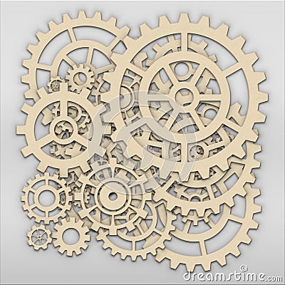 Gears from clock works over grey metalic plate Stock Photo