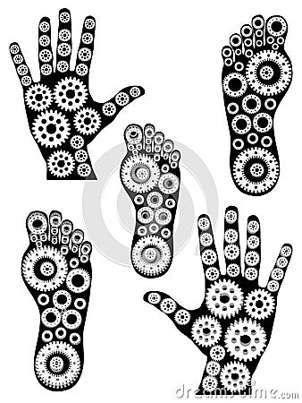 Gears collection - human hand and foot Vector Illustration