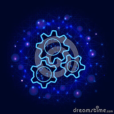 Gears design. Vector low poly wireframe three gear modern flat illustration on abstract blue polygonal background. Cartoon Illustration