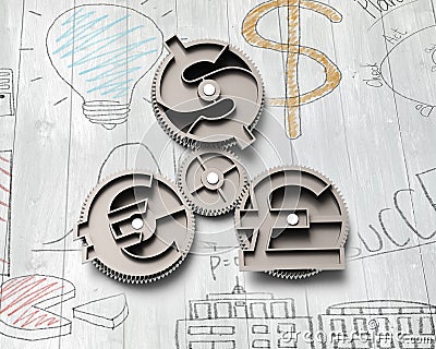 Gears with dollar sign, pound and euro symbol Stock Photo