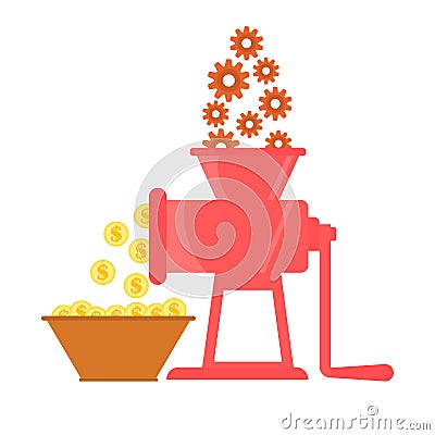 Gears fall into the mincer and money is obtained. Finance and business concept. Vector illustration. Vector Illustration