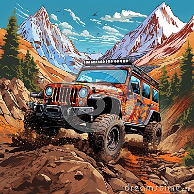 Gears and Glory: Conquering Limits on the Off-Road Trail Cartoon Illustration