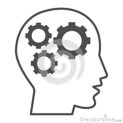 Gears in head thin line icon, idea and innovation concept, human mind and three cogs sign on white background, Human Vector Illustration