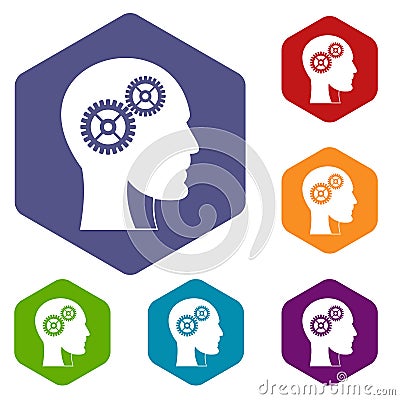 Gears in human head icons set hexagon Vector Illustration