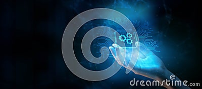 Gears Icon as Automation Concept: Symbolizing Efficiency and Mechanical Processes Illustrated on a Processor Touched by a Human Stock Photo