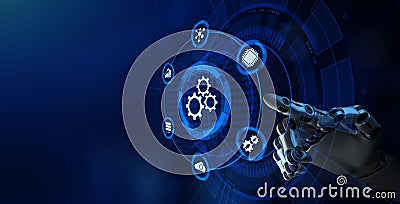 Gears icon Automation business technology concept. RPA. Robot hand pressing button. Stock Photo