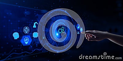 Gears icon automation process workflow technology concept on screen. Stock Photo