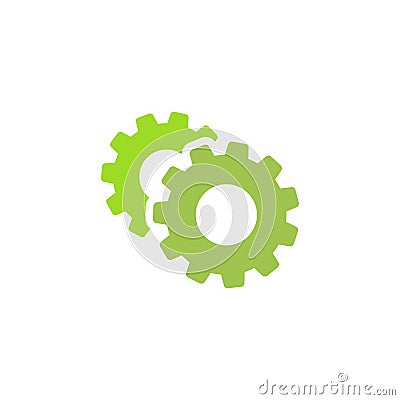 Gears icon isolated on white. Combination of two green pinions one behind other. Vector flat illustration Cartoon Illustration