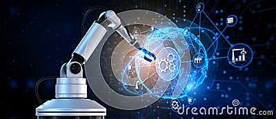 Gears icons Automation innovation RPA. 3d render cobot robotic arm Stock Photo
