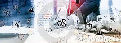 Gears icons engineering manufacturing automation innovation structure abstract concept. Stock Photo