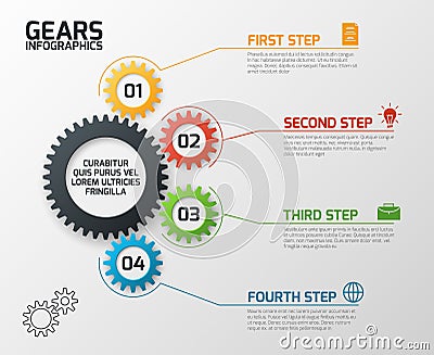 Gears infographics. Cogs gearing process planning, timeline and engineering infochart with options vector presentation Vector Illustration