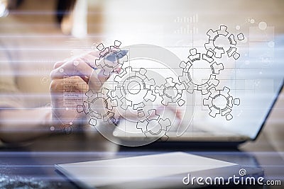 Gears, mechanism design on virtual screen. CAD systems. Business, industrial and technology concept. Stock Photo