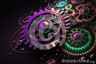 Gears in the mechanism, neon lines. AI generative Cartoon Illustration