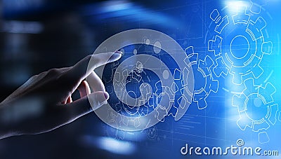 Gears mechanism on virtual screen. Automation and business process flow. Business and technology concept. Stock Photo