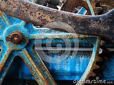 Gears of old machine, Rust Blue color Stock Photo