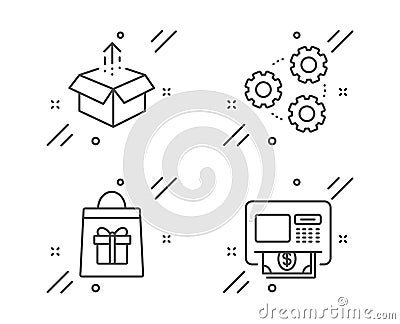 Gears, Send box and Holidays shopping icons set. Atm sign. Work process, Delivery package, Gifts bag. Vector Vector Illustration